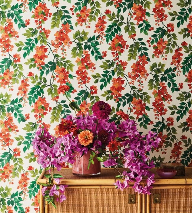 Bougainvillea Wallpaper - Rouge, Olive Green & Emerald on Cream - 117/6016 - Cole & Son - Premier Wallcovering