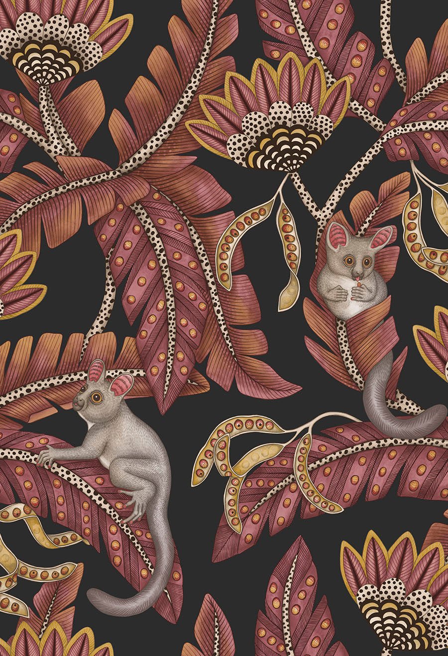 Bush Baby Wallpaper - Crimson & Marigold on Charcoal - 119/7033 - Cole & Son - Premier Wallcovering