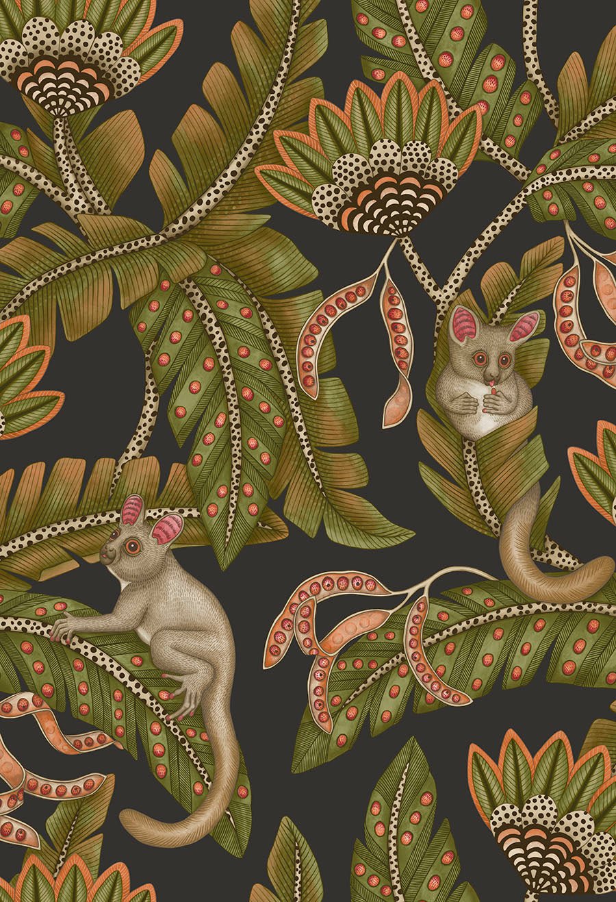Bush Baby Wallpaper - Spring Green & Orange on Black - 119/7031 - Cole & Son - Premier Wallcovering