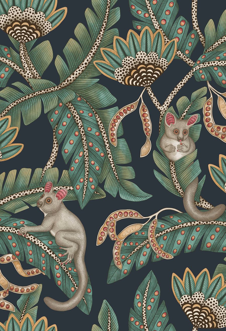 Bush Baby Wallpaper - Teal & Ochre on Ink - 119/7034 - Cole & Son - Premier Wallcovering