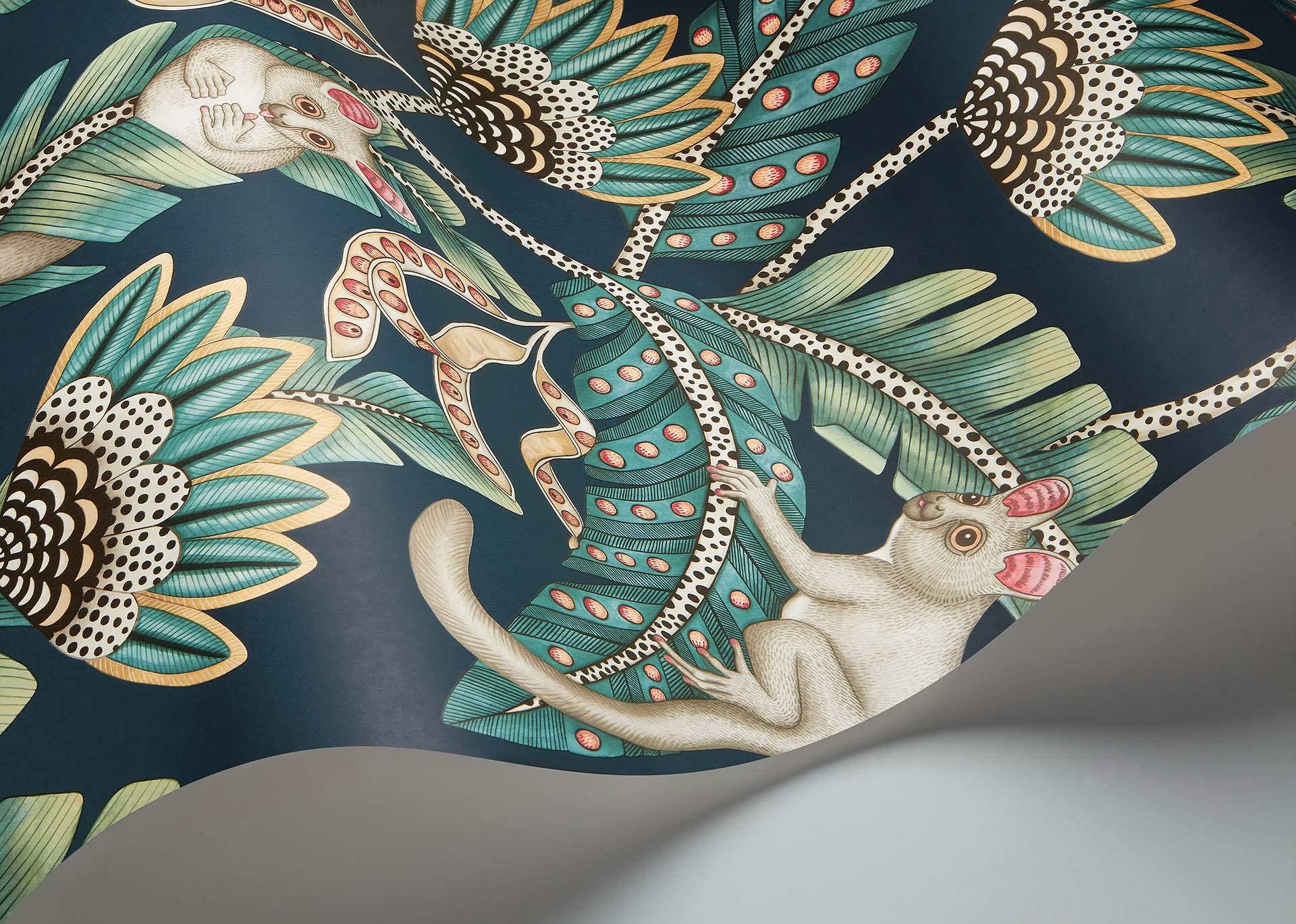 Bush Baby Wallpaper - Teal & Ochre on Ink - 119/7034 - Cole & Son - Premier Wallcovering