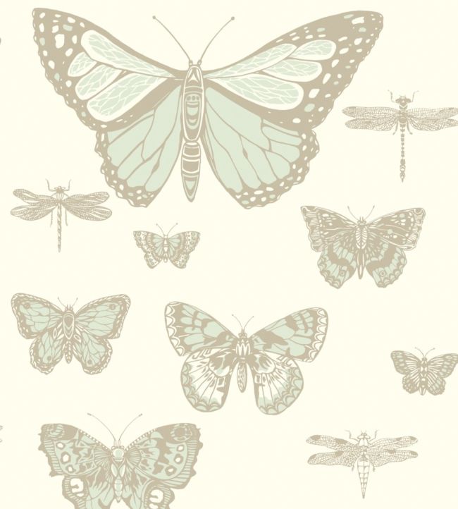 Butterflies & Dragonflies Wallpaper - Duck Egg & Metallic Gilver on Pale Cream - 103/15065 - Cole & Son - Premier Wallcovering