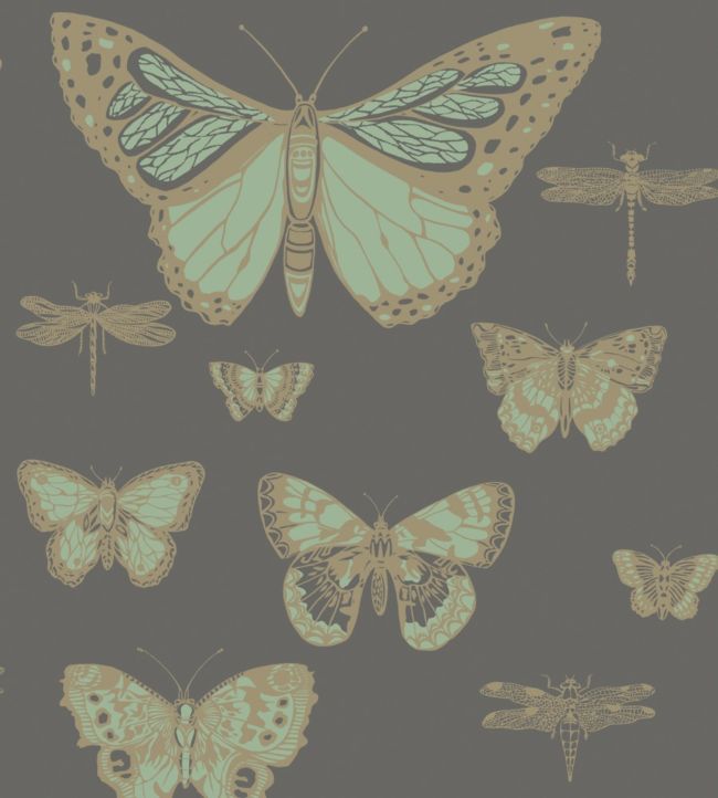 Butterflies & Dragonflies Wallpaper - Viridian & Metallic Gold on Charcoal - 103/15067 - Cole & Son - Premier Wallcovering