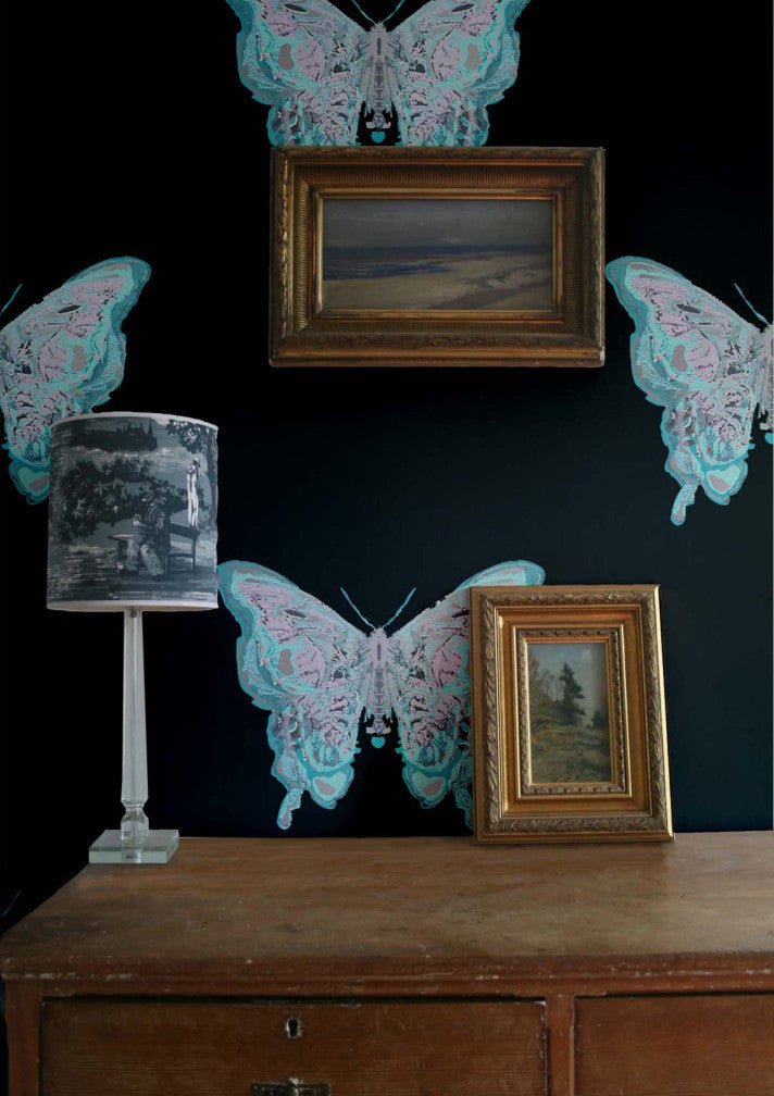 Butterfly Wallpaper - Blues & Silver on Black - Timorous Beasties - EX/BFLY/4007/03 - Premier Wallcovering