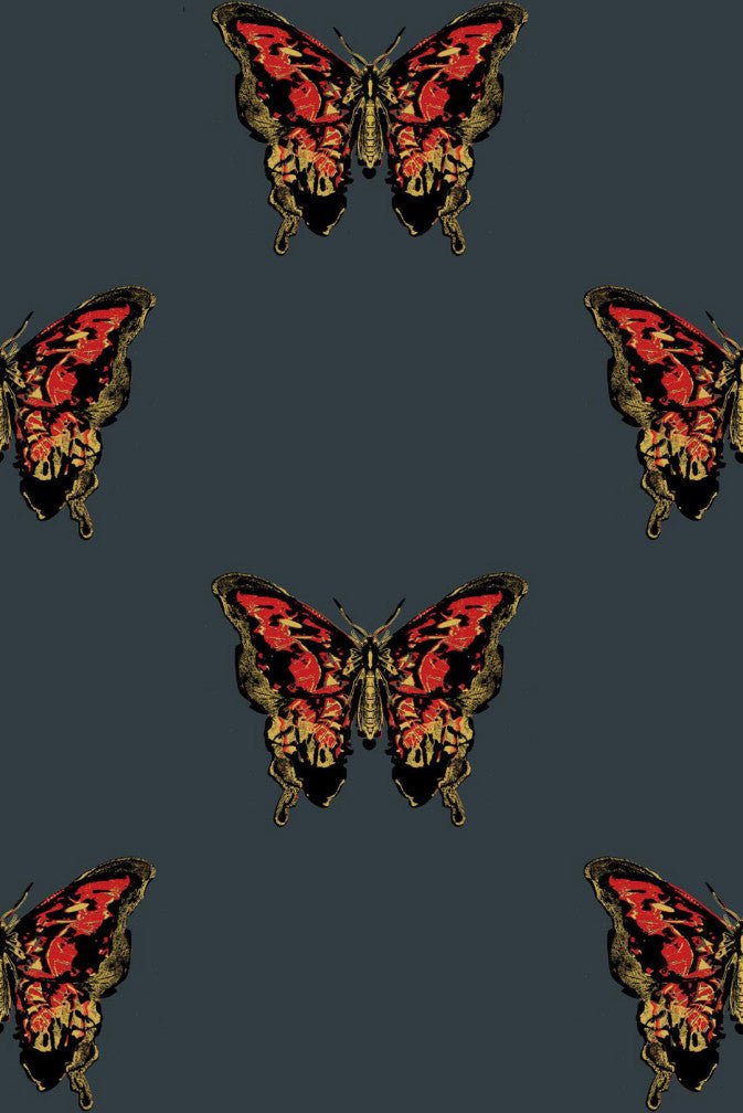 Butterfly Wallpaper - Red & Gold on Black - Timorous Beasties - EX/BFLY/4007/01 - Premier Wallcovering