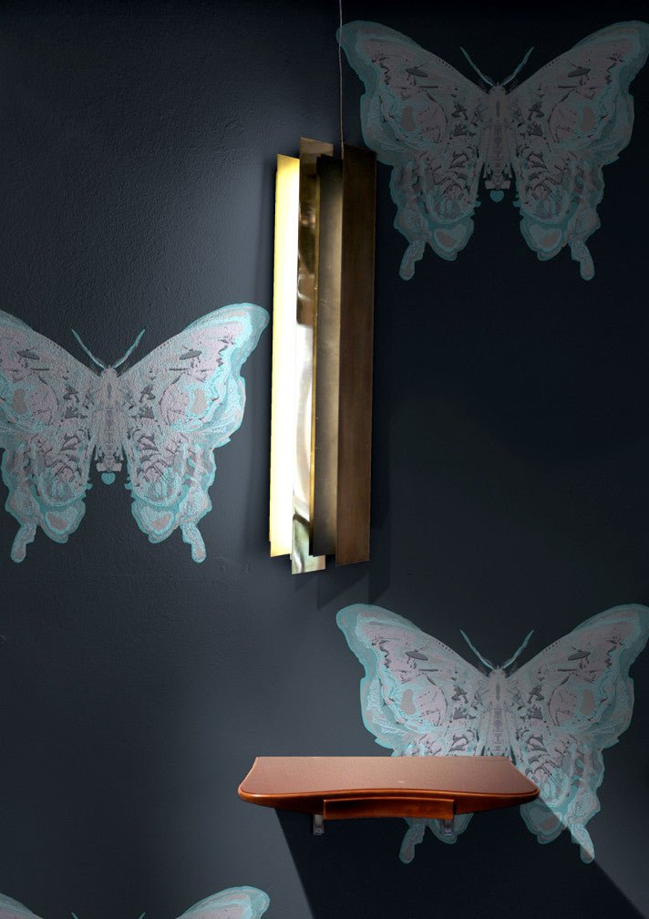 Butterfly Wallpaper - Blues & Silver on Black - Timorous Beasties - EX/BFLY/4007/03 - Premier Wallcovering