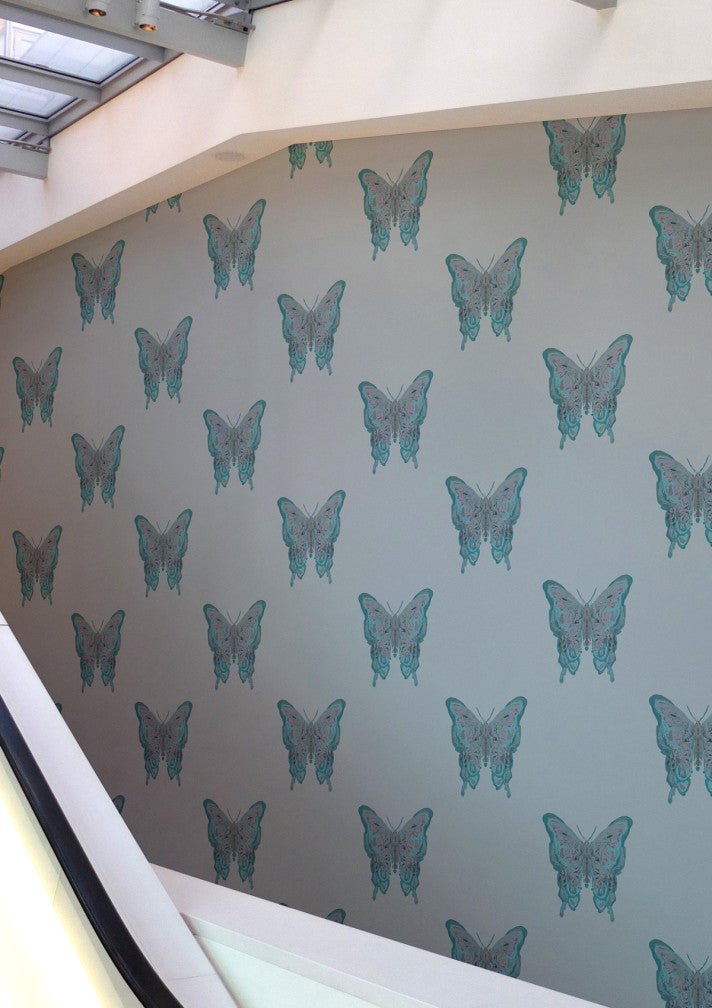 Butterfly Wallpaper - Blues & Silver on Pale Blue - Timorous Beasties - EX/BFLY/4232/06 - Premier Wallcovering