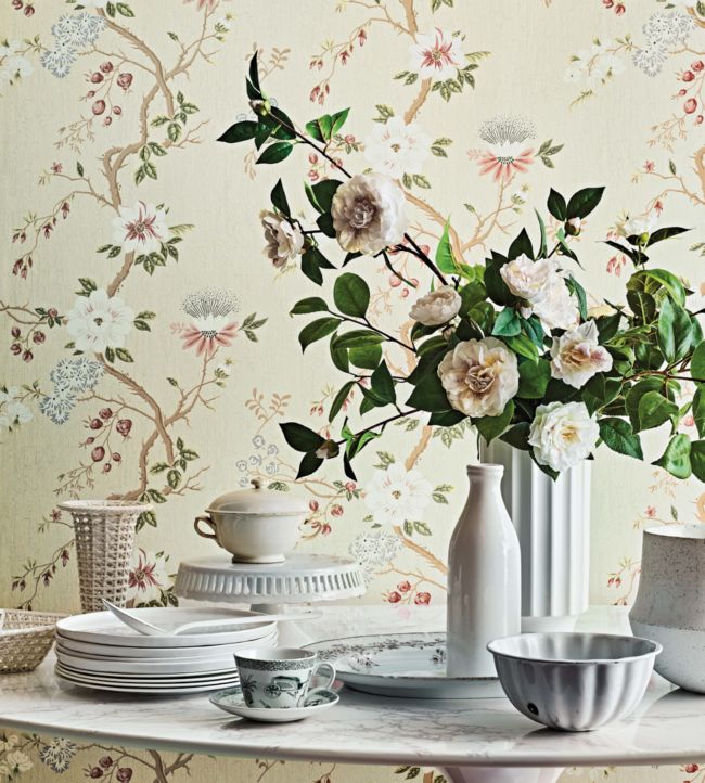 Camellia Wallpaper - Coral & Olive on Buttercup - 115/8023 - Cole & Son - Premier Wallcovering