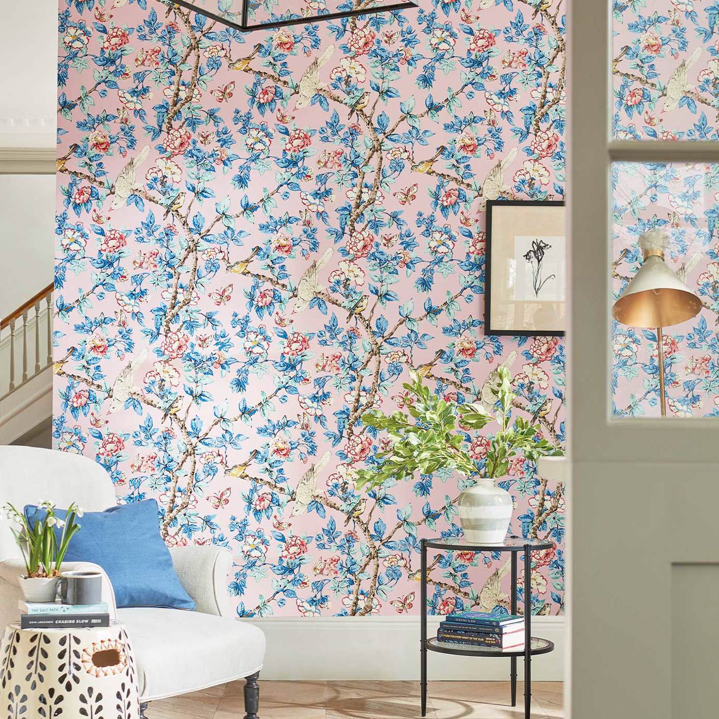 Caverley Wallpaper - Rose/French Blue - DOSW217035 - Sanderson