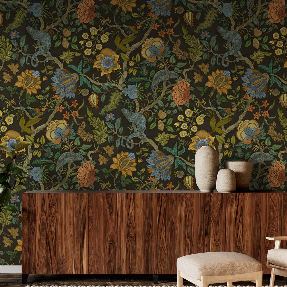 Chameleon Trail Wallpaper - Black, Orange and Blue - Josephine Munsey - JMW-102241 - Premier Wallcovering