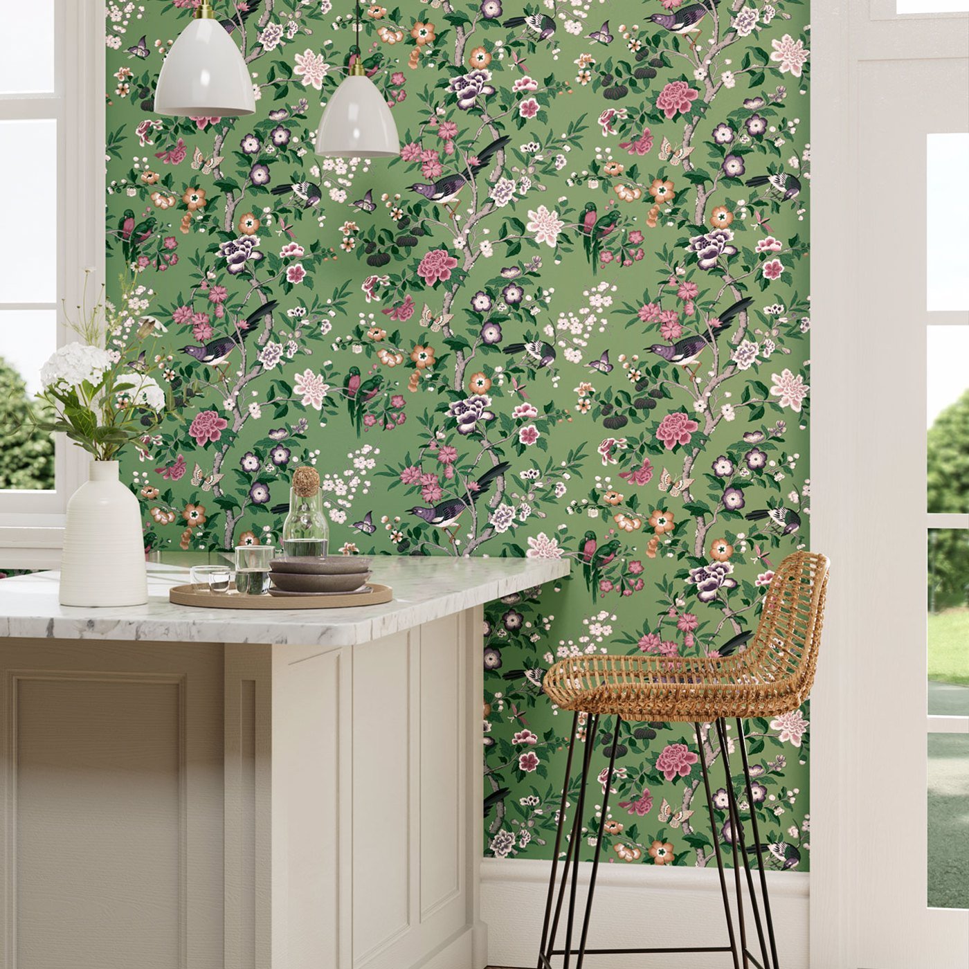 Chinoiserie Hall Wallpaper - Chinese Green/Lotus Pink - DWAW217110 - Sanderson