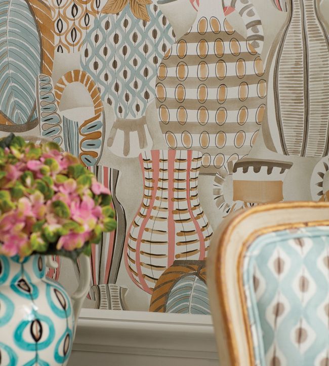 Collioure Wallpaper - Coral/Duck Egg/Gold - Nina Campbell - NCW4300 - 01 - Premier Wallcovering