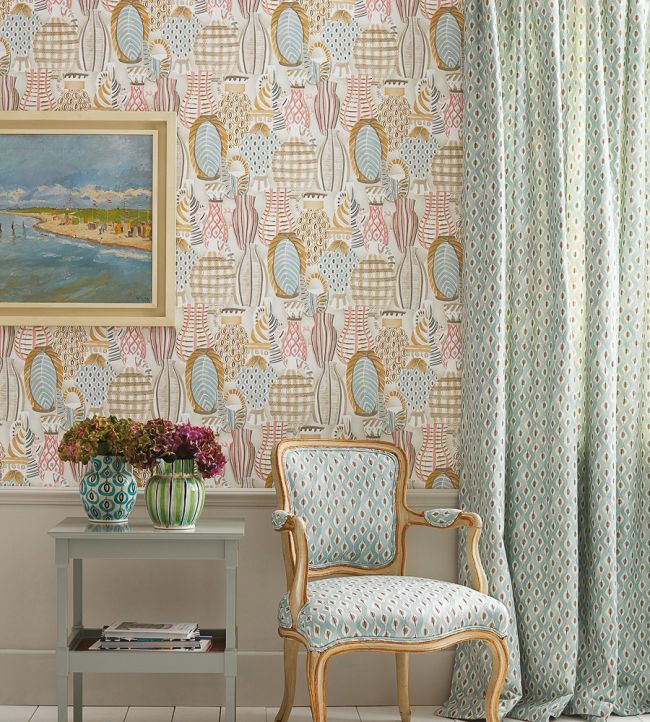 Collioure Wallpaper - Coral/Duck Egg/Gold - Nina Campbell - NCW4300 - 01 - Premier Wallcovering
