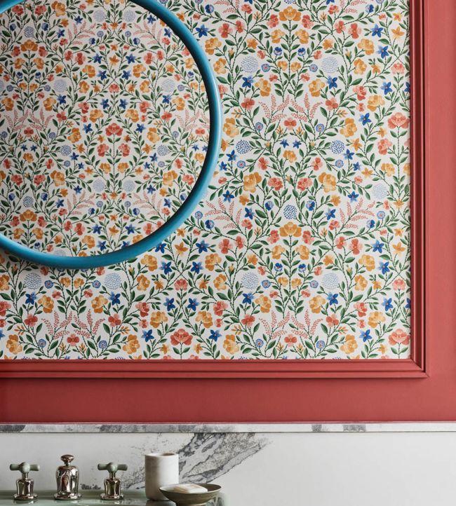 Court Embroidery Wallpaper - Coral, Marigold, Hyacinth on Parchment - 118/13029 - Cole & Son - Premier Wallcovering
