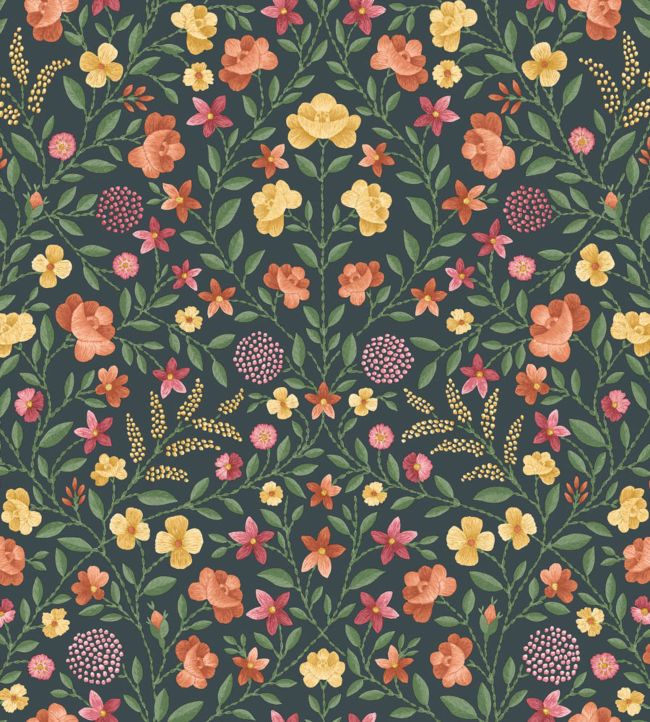 Court Embroidery Wallpaper - Marigold, Tangerine & Red on Charcoal - 118/13031 - Cole & Son - Premier Wallcovering