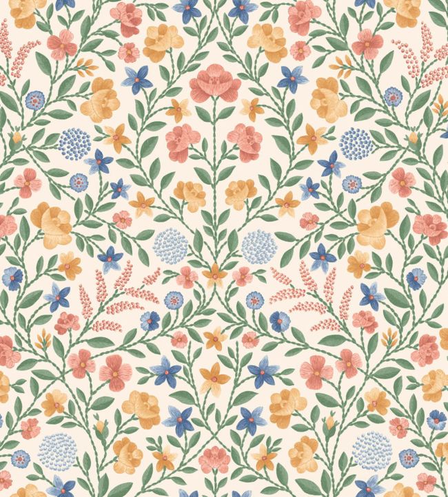 Court Embroidery Wallpaper - Coral, Marigold, Hyacinth on Parchment - 118/13029 - Cole & Son - Premier Wallcovering