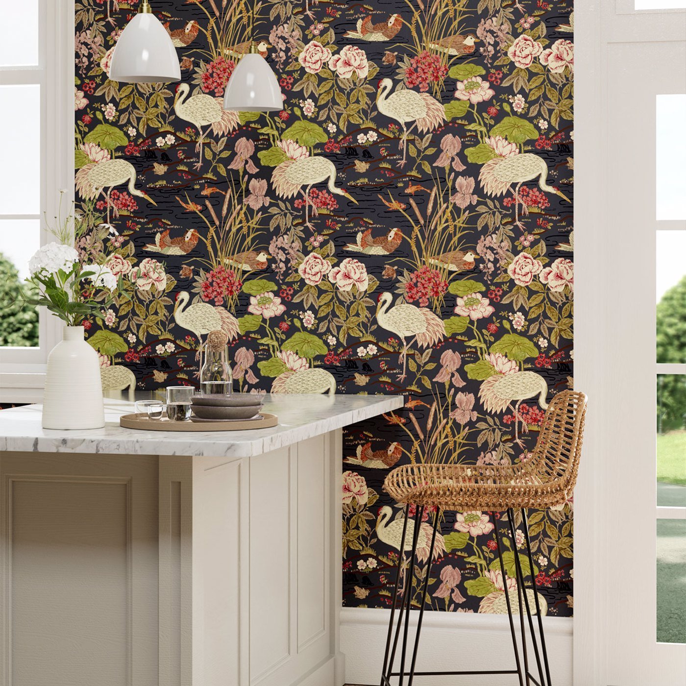 Crane & Frog Wallpaper - Ink Black/Multi - DWAW217123 - Sanderson