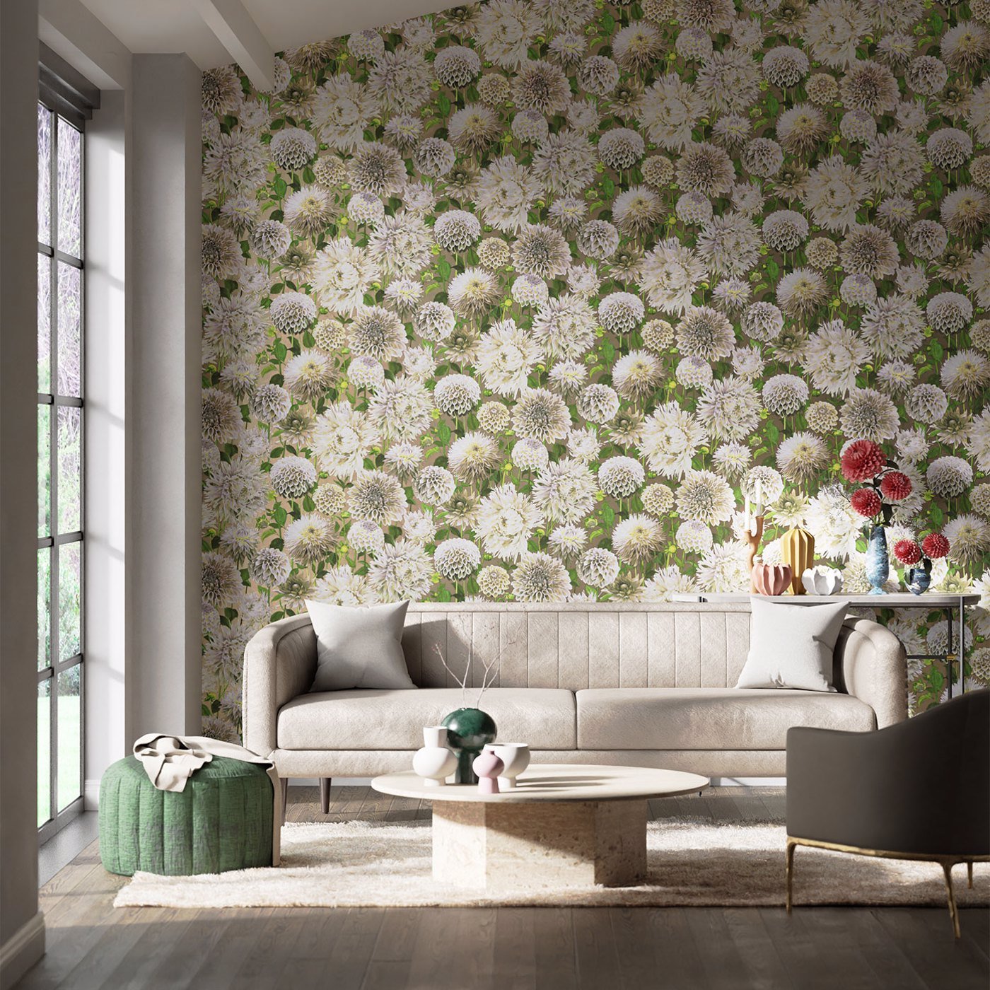 Dahlia Wallpaper - Sail Cloth/Meadow/Gilver - HQN2112844 - Harlequin - Premier Wallcovering