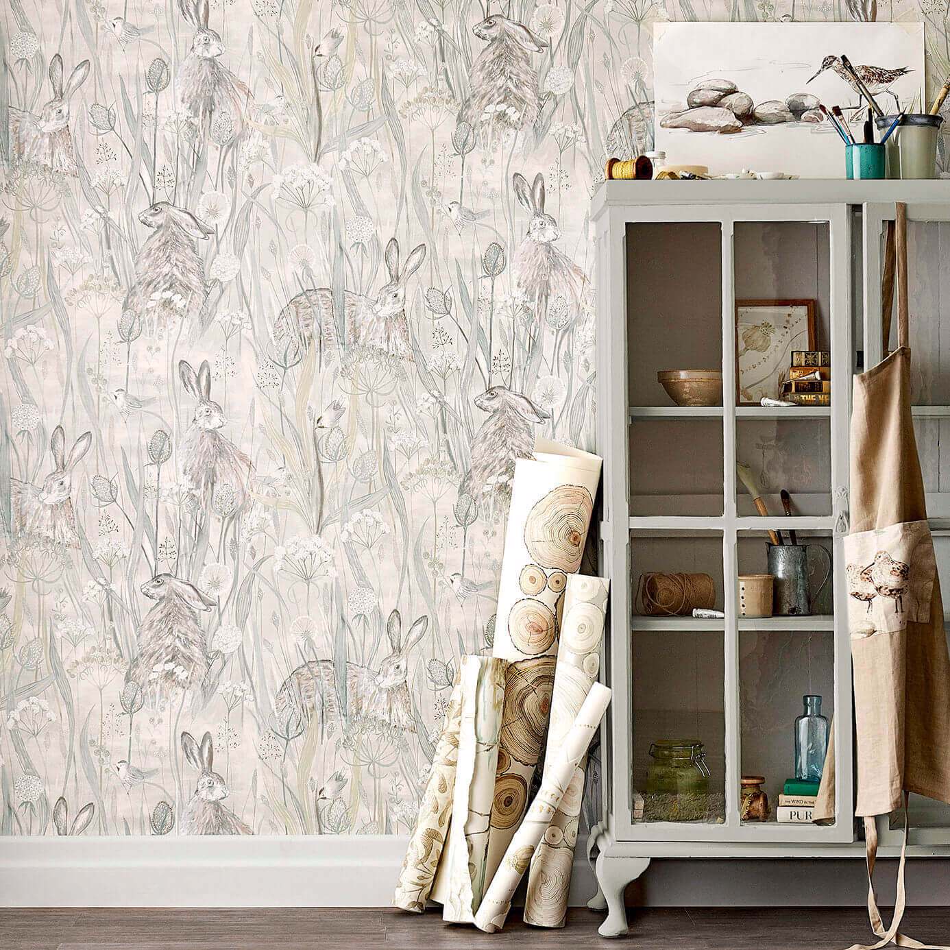Dune Hares Wallpaper - Mist/Pebble - Sanderson - DEBB216518