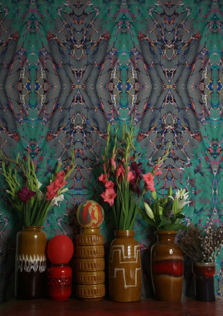 Ex Libris Wallpaper - Teal on Charcoal - Timorous Beasties - ROR/XLIB/PRL/05 - Premier Wallcovering