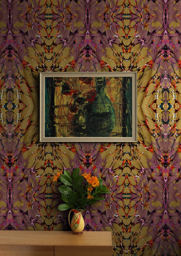 Ex Libris Wallpaper - Wine on Old Gold - Timorous Beasties - ROR/XLIB/PRL/01 - Premier Wallcovering