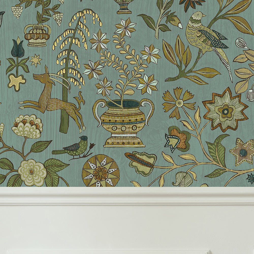 Fable Garden Wallpaper - Mid Blue and Olive - Josephine Munsey - JMW-104531 - Premier Wallcovering