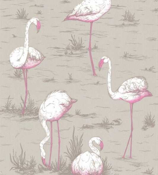 Flamingos Wallpaper - White & Fuchsia on Taupe - 66/6042 - Cole & Son - Premier Wallcovering