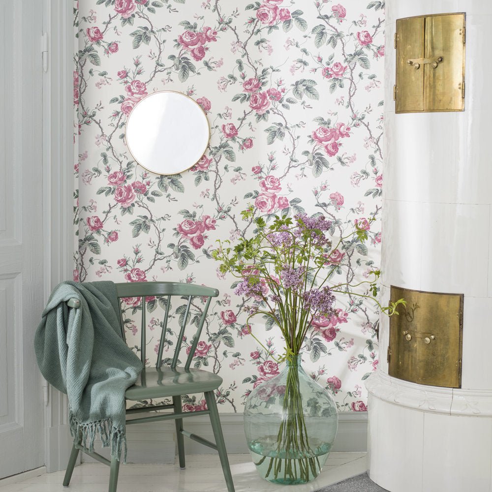 French Roses Wallpaper - Pink / Green - Boråstapeter - 7210 - Premier Wallcovering