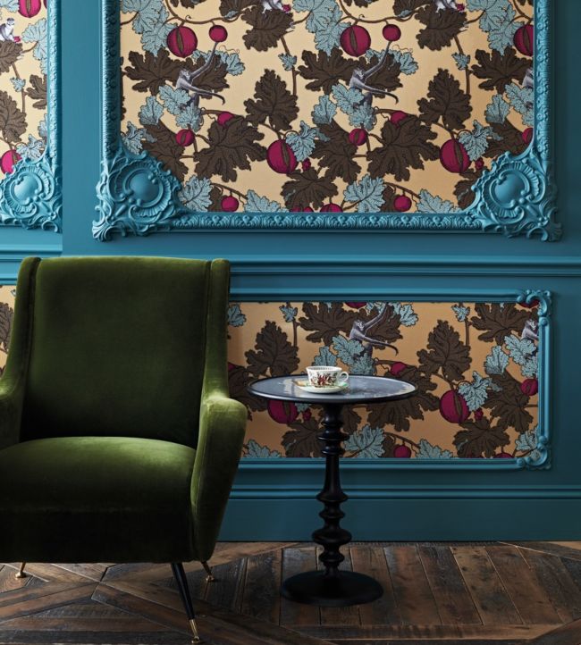 Frutto Proibito Wallpaper - Print Room Blue & Magenta on Metallic Gold - 114/25049 - Cole & Son - Premier Wallcovering