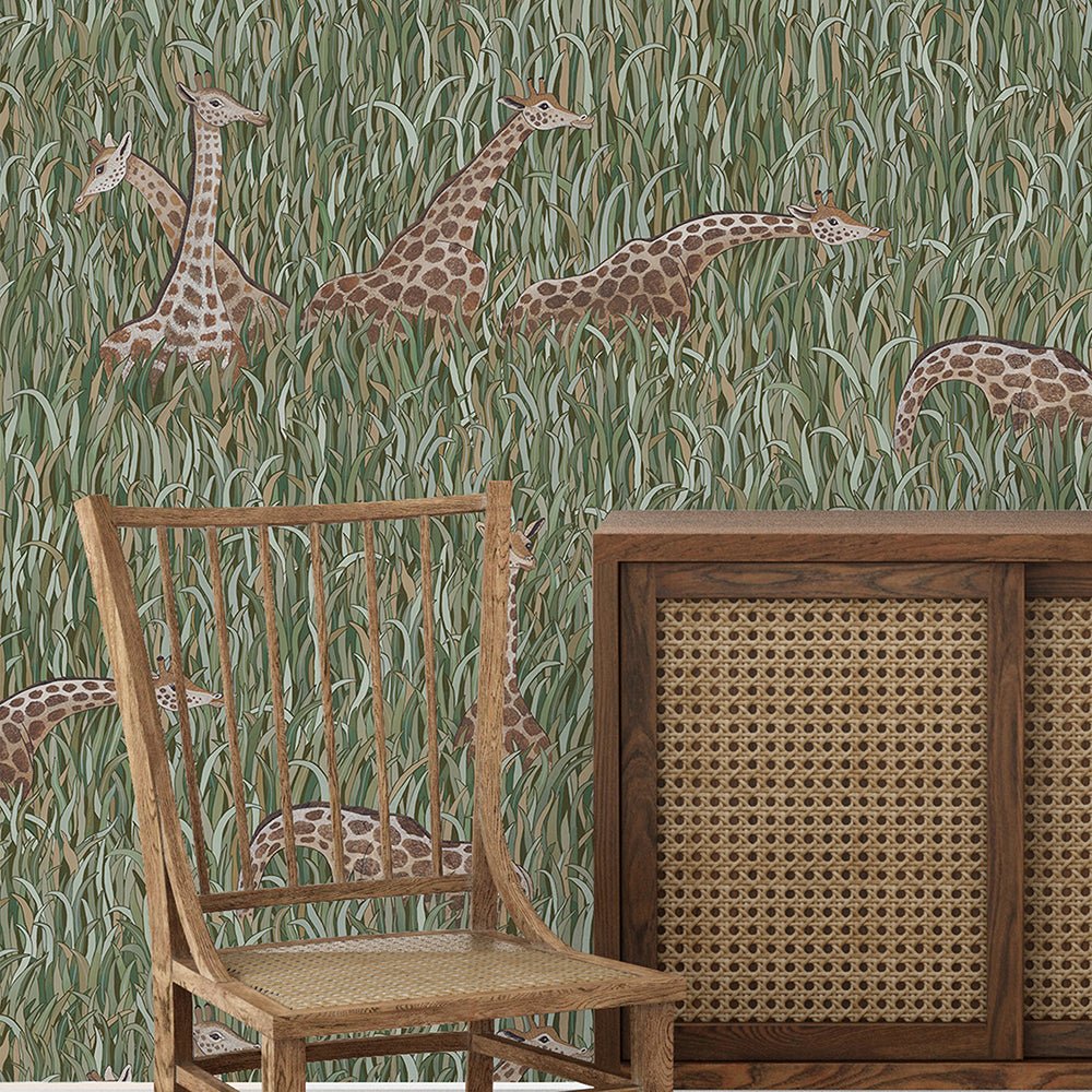 Giraffes Wallpaper - Green - Josephine Munsey - JMW-104901 - Premier Wallcovering