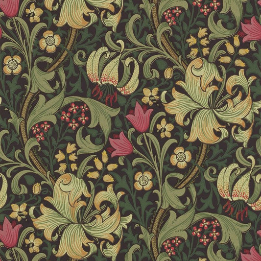 Golden Lily Wallpaper - Charcoal/Olive - Morris & Co - 216853