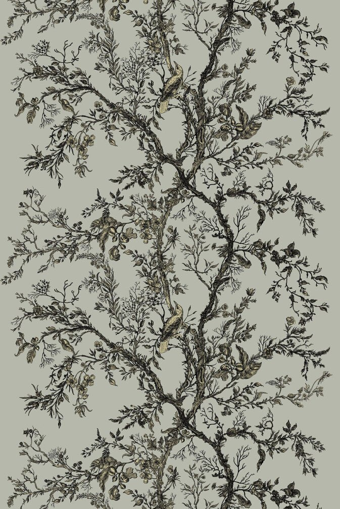 Golden Oriole Velvet Fabric - Black & Gold on Sage - Timorous Beasties - GOR/40901/01 - Premier Wallcovering