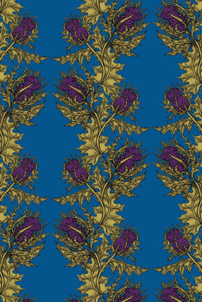 Grand Thistle Hand Printed Wallpaper - Gold & Purple on Dark Blue - Timorous Beasties - EX/GRN/4006/06 - Premier Wallcovering
