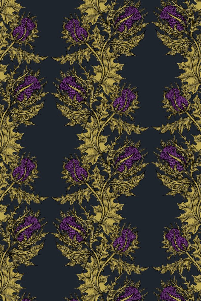 Grand Thistle Hand Printed Wallpaper - Gold & Purple on Black - Timorous Beasties - EX/GRN/4007/08 - Premier Wallcovering