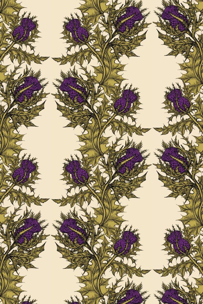 Grand Thistle Hand Printed Wallpaper - Gold & Purple on Cream - Timorous Beasties - EX/GRN/4004/05 - Premier Wallcovering