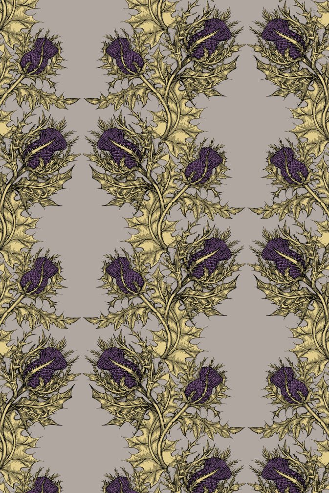 Grand Thistle Wallpaper - Gold & Purple on Stone - Timorous Beasties - EX/GRN/4008/WNW - Premier Wallcovering