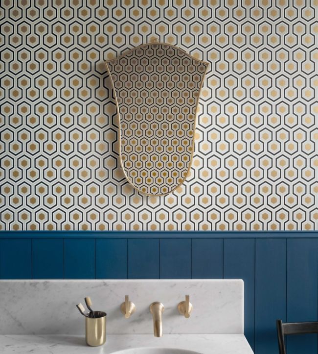 Hicks' Hexagon Wallpaper - Soot & Metallic Bronze on Slate Grey - 95/3015 - Cole & Son - Premier Wallcovering