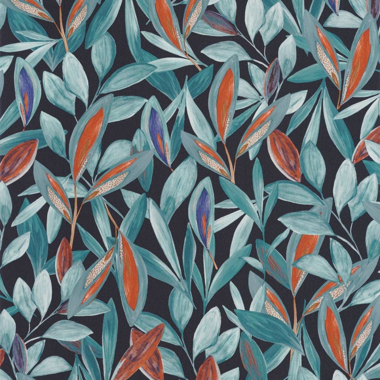 Hojas Nicaragua Wallpaper - Bleu And Orange - Casadeco - 85976406 - Premier Wallcovering