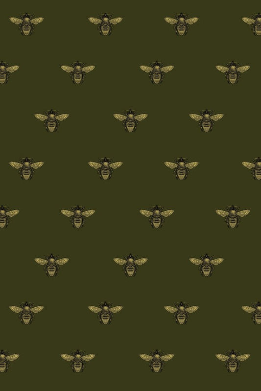 Honey Bee Velvet Fabric - Black & Pale Gold on Olive - Timorous Beasties - VHYB/8118/04 - Premier Wallcovering