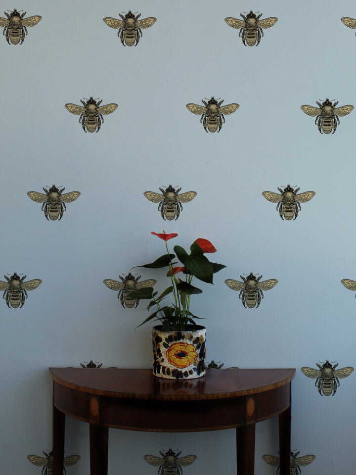 Honey Bee Wallpaper - Black & Gold on Legbar Blue - Timorous Beasties - TB/HYB/6006/02 - Premier Wallcovering