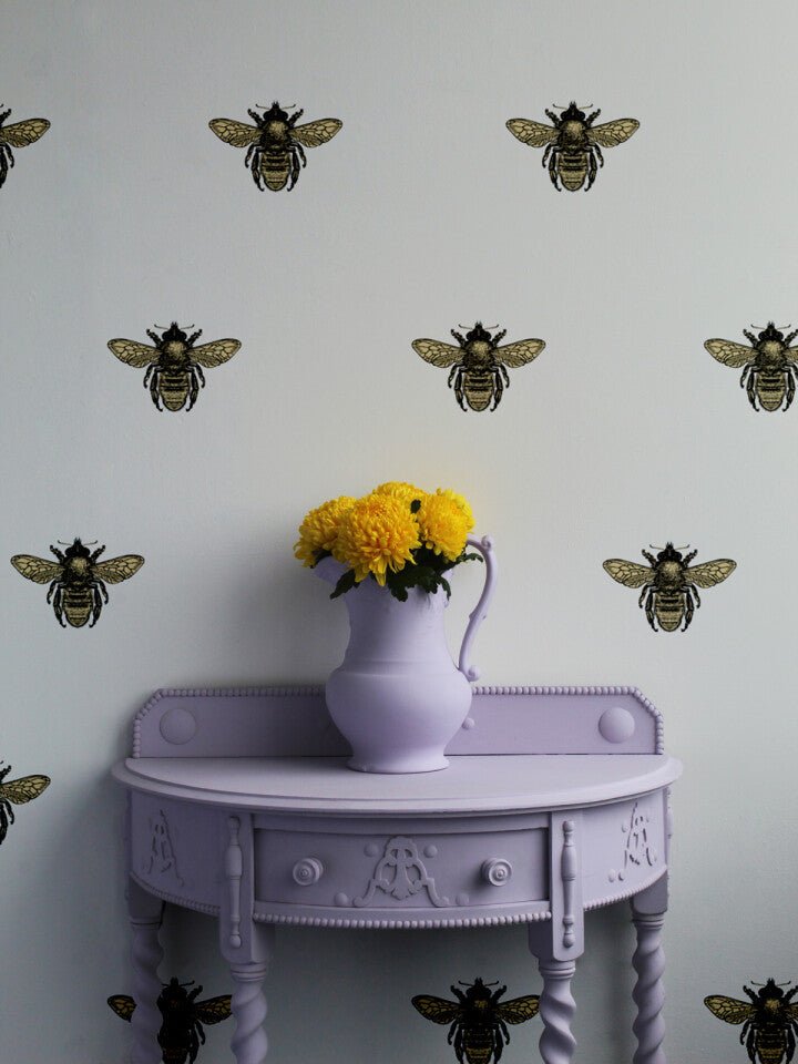 Honey Bee Wallpaper - Black & Gold on Powder Grey - Timorous Beasties - TB/HYB/6005/01 - Premier Wallcovering