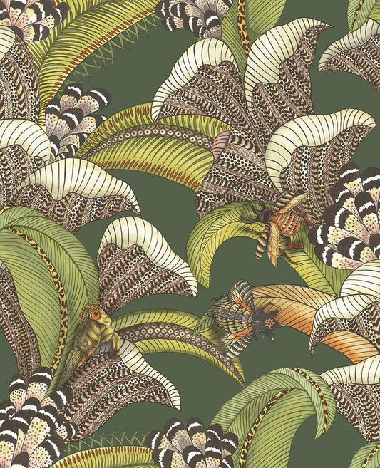 Hoopoe Leaves Wallpaper - Spring Green, Chartreuse & Coral on Forest - 119/1003 - Cole & Son - Premier Wallcovering
