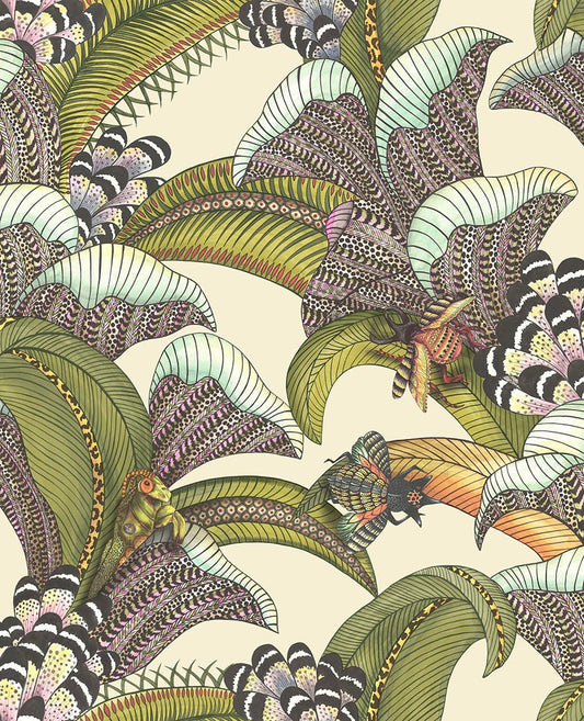 Hoopoe Leaves Wallpaper - Olive, Chartreuse & Fuchsia on Cream - 119/1001 - Cole & Son - Premier Wallcovering