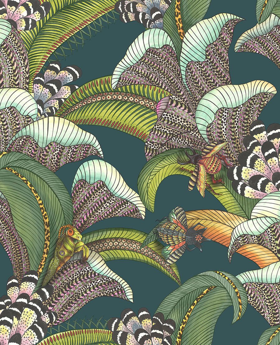 Hoopoe Leaves Wallpaper - Forest Green, Lime & Fuchsia on Dark Viridian - 119/1007 - Cole & Son - Premier Wallcovering