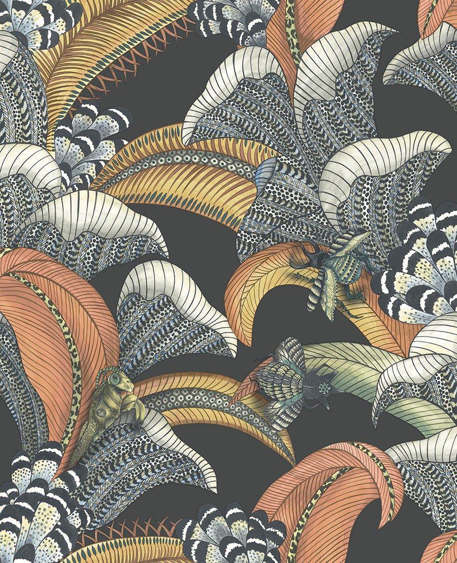 Hoopoe Leaves Wallpaper - Terracotta, Ochre & Ice Blue on Charcoal - 119/1005 - Cole & Son - Premier Wallcovering