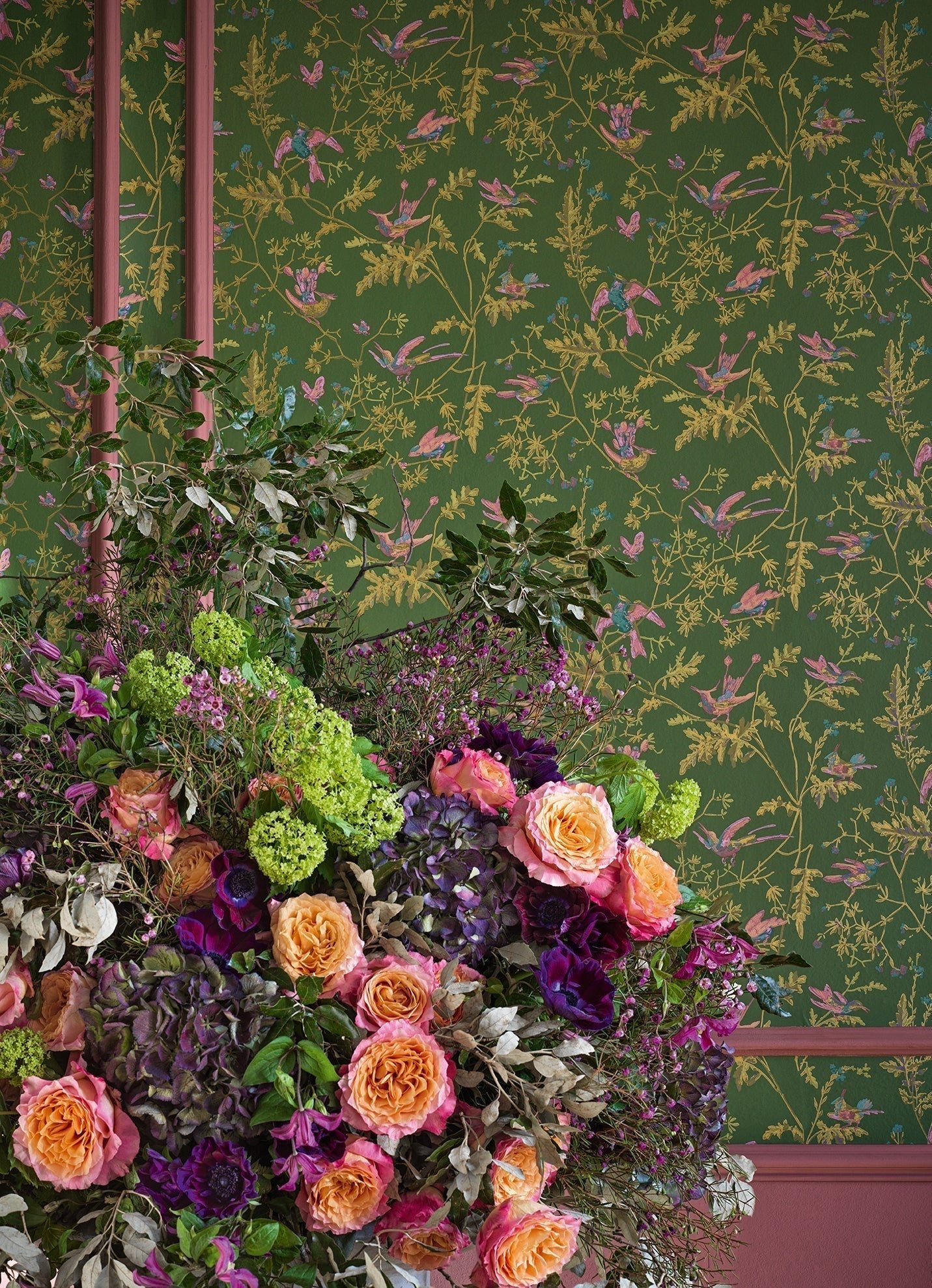 Hummingbirds Wallpaper - Fuchsia on Racing Green - 124/1005 - Cole & Son - Premier Wallcovering