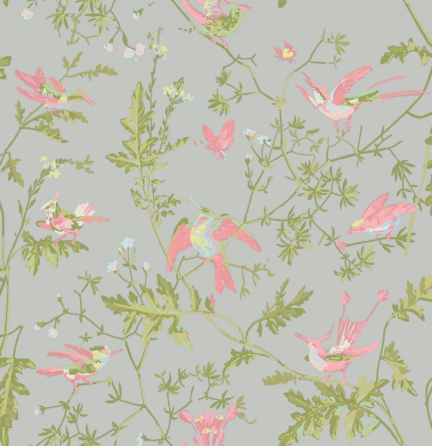 Hummingbirds Wallpaper - Rose & Olive on Grey - 124/1003 - Cole & Son - Premier Wallcovering