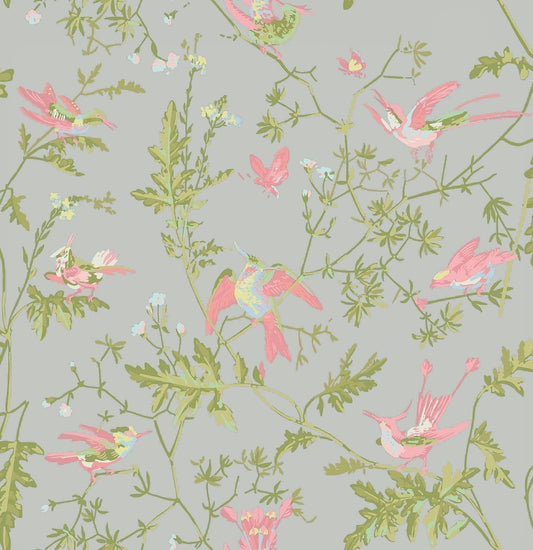 Hummingbirds Wallpaper - Rose & Olive on Grey - 124/1003 - Cole & Son - Premier Wallcovering