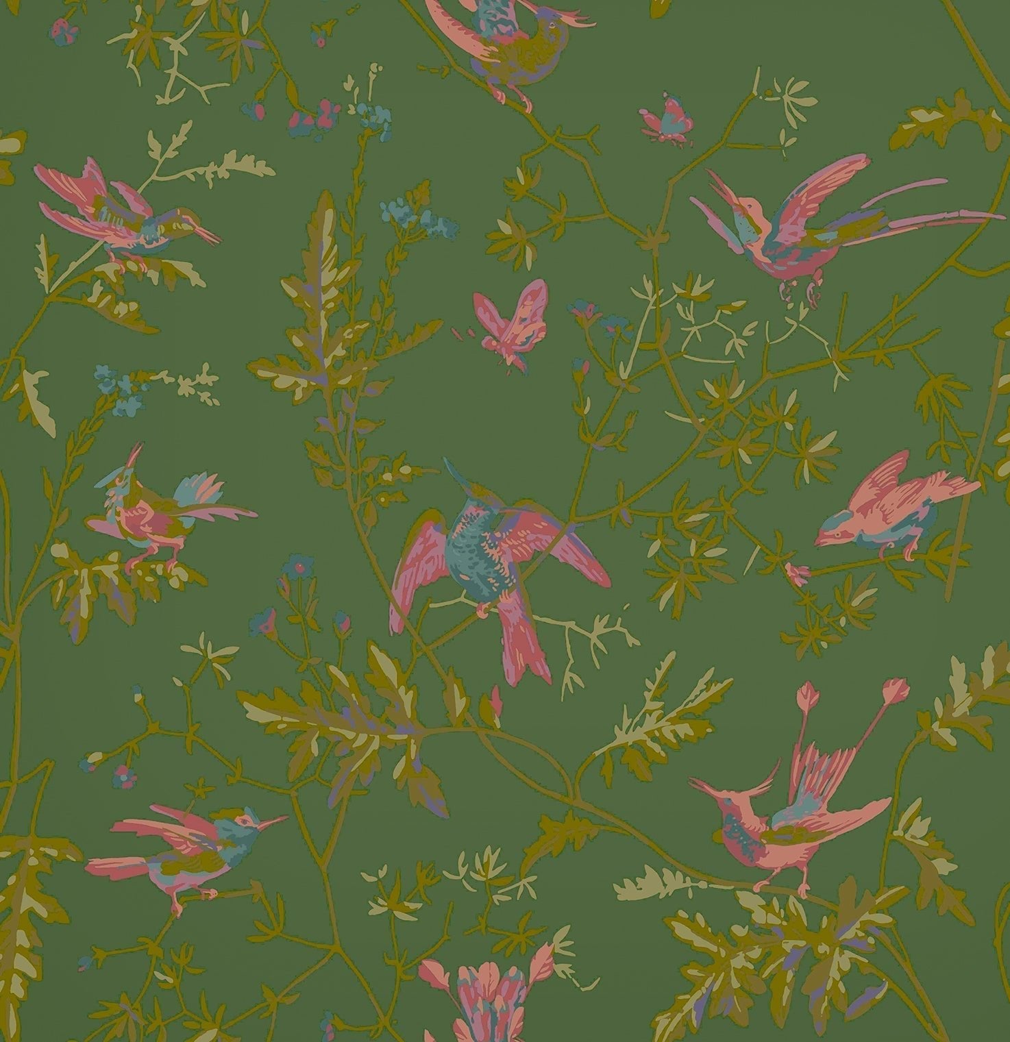 Hummingbirds Wallpaper - Fuchsia on Racing Green - 124/1005 - Cole & Son - Premier Wallcovering