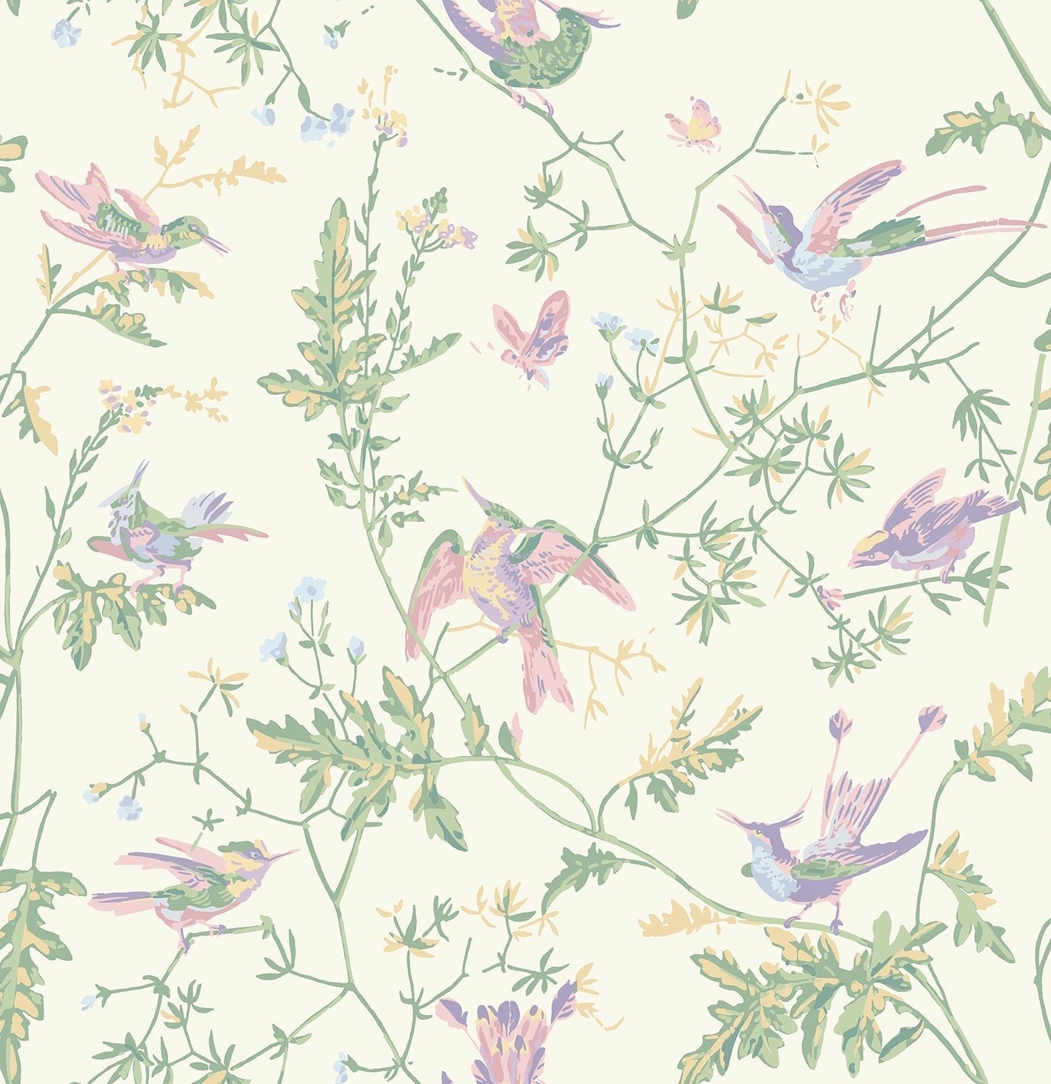 Hummingbirds Wallpaper - Blush, Sage, & Mulberry on Cream - 124/1001 - Cole & Son - Premier Wallcovering